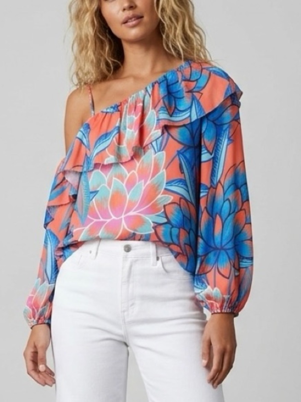 Parker NY Tropical Floral Silk Ruffle Off-The-Shoulder Top